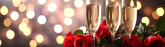 Dzień Walentynek, szklanki z błyszczącym winem, kieliszki z szampana i róże na stole, światła bokeh.