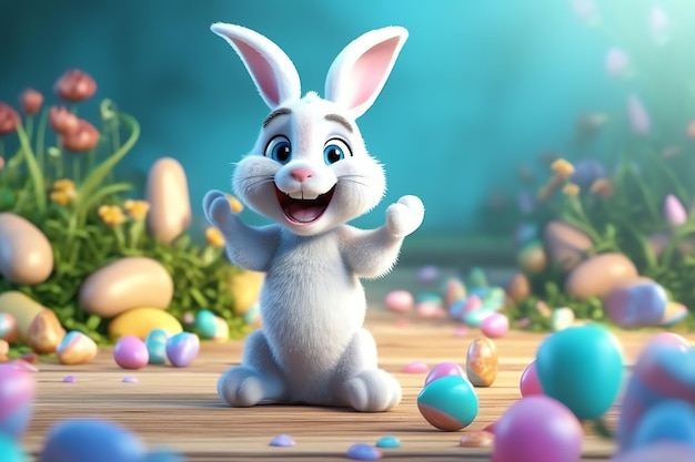 Dzień Wielkanocny z kreskówką słodki szczęśliwy królik trzymający kolorowe jajko lub bukiet śmiejąc się Dekoracja Wielkanocna