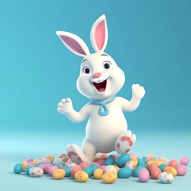 Dzień Wielkanocny z kreskówką słodki szczęśliwy królik trzymający kolorowe jajko lub bukiet śmiejąc się Dekoracja Wielkanocna