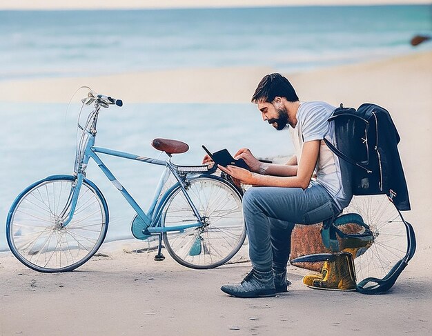 Dzień z życia mężczyzny, który pracuje jako freelancer online. Siedzi na morskiej plaży