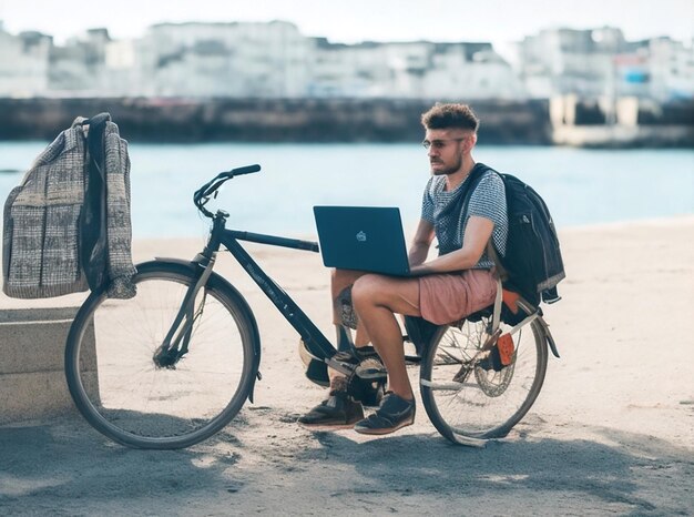 Dzień z życia mężczyzny, który pracuje jako freelancer online. Siedzi na morskiej plaży