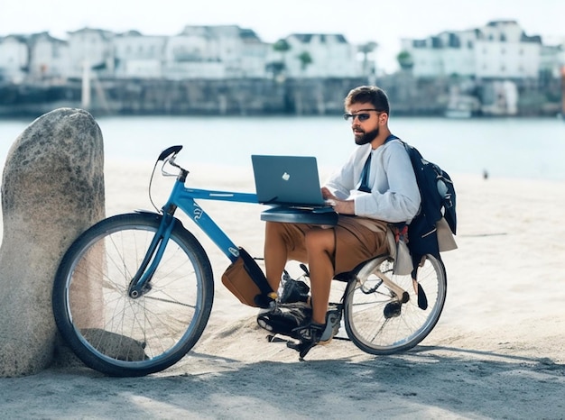 Dzień z życia mężczyzny, który pracuje jako freelancer online. Siedzi na morskiej plaży