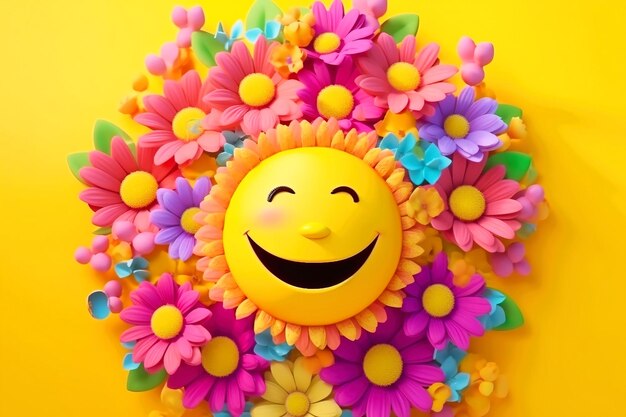 Dzień zdrowia psychicznego uśmiechnięty i śmiejący się emotikon kwiat słońce AI generowane