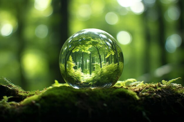 Dzień Ziemi Ekologicznie Świadomy Zielony Glob otoczony mchem w spokojnym lesie Abstrakt Światło słoneczne