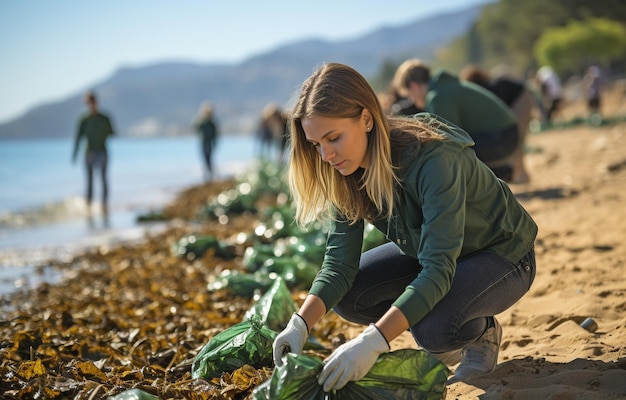 Dzień Ziemi Grupa wolontariuszy i aktywistów oczyszcza obszar przybrzeżny plaży, zbierając śmieci