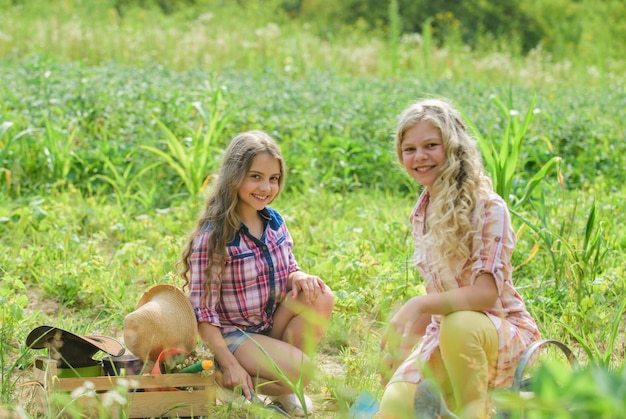 Dzień ziemi lato rodzinne gospodarstwo szczęśliwe rolnictwo wiosna wieś małe dziewczynki rolnik we wsi ogród chroń przyrodę bogate zbiory dzieci pracują w terenie narzędzie ogrodnicze płodny prezent
