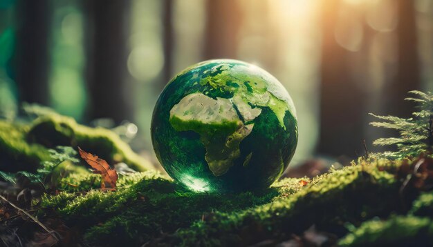 Dzień Ziemi Środowisko Zielony globus w lesie z mchem i rozproszonym abstrakcyjnym światłem słonecznym