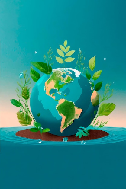 Dzień Ziemi światowy globus z ptakami wodnymi i roślinami wokół niego