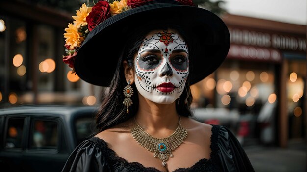 Dzień zmarłych Calavera Catrina Portret kobiety z tradycyjnym meksykańskim makijażem cukrowej czaszki