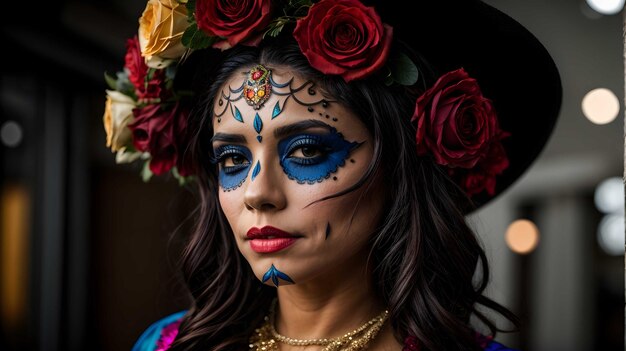 Dzień zmarłych Calavera Catrina Portret kobiety z tradycyjnym meksykańskim makijażem cukrowej czaszki