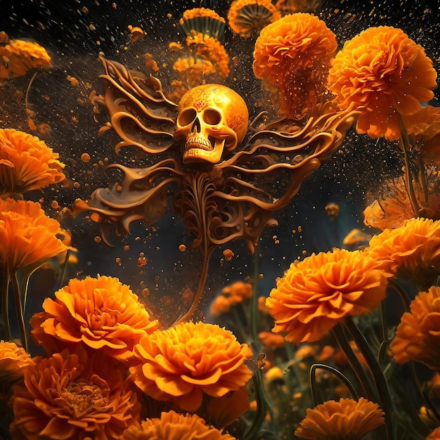 Dzień Zmarłych Czaszka cukrowa z wieńcem kwiatowym na głowie 3d rendering