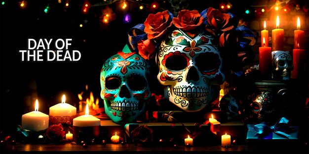 Dzień zmarłych dia de los muertos meksykański banner świąteczny festiwal kultury meksykańskiej flat dia de muer