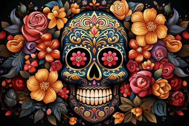 Dzień zmarłych dia de los muertos zwierzęca czaszka i szkielet ozdobione kolorowym meksykańskim elementem