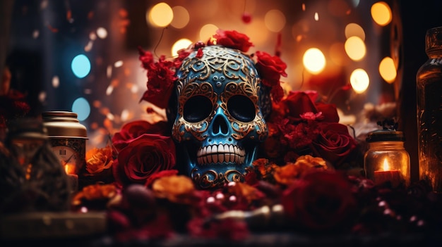 dzień zmarłych dia de muertos święto ku czci zmarłych dusze zmarłych krewnych odwiedzają dom czaszki szkielety makijaż na Halloween oddawanie czci zmarłym twórczo piękny