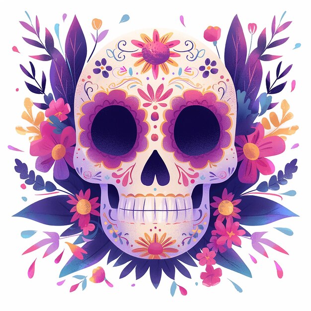 Dzień zmarłych kolorowa czaszka z kwiatami i liśćmi wokół niej