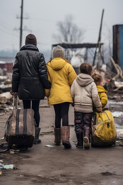 dziennikarskie zdjęcie dwóch ukraińskich uchodźców kobiet i dzieci niosących bagaż