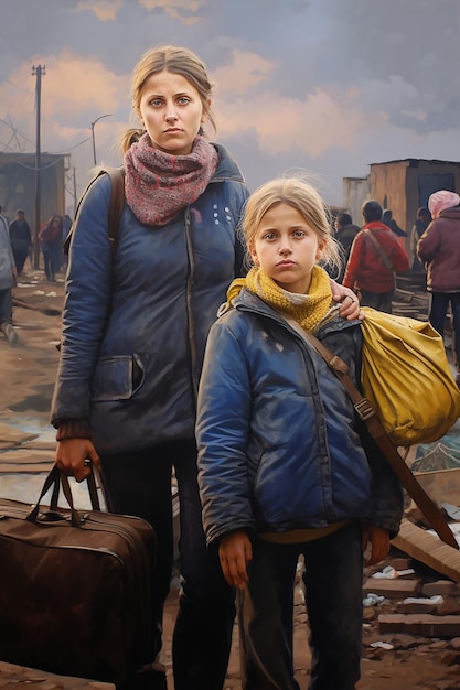 dziennikarskie zdjęcie dwóch ukraińskich uchodźców kobiet i dzieci niosących bagaż