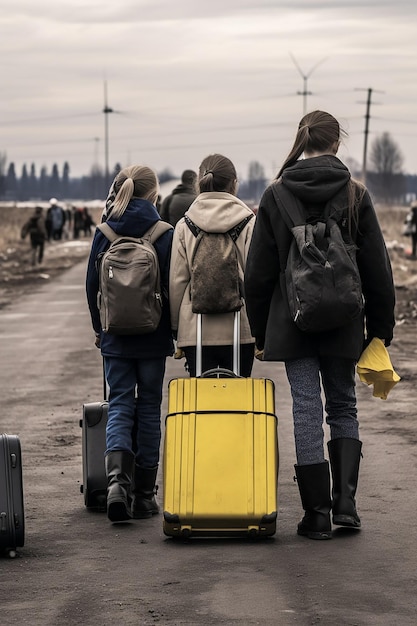 Zdjęcie dziennikarskie zdjęcie dwóch ukraińskich uchodźców kobiet i dzieci niosących bagaż