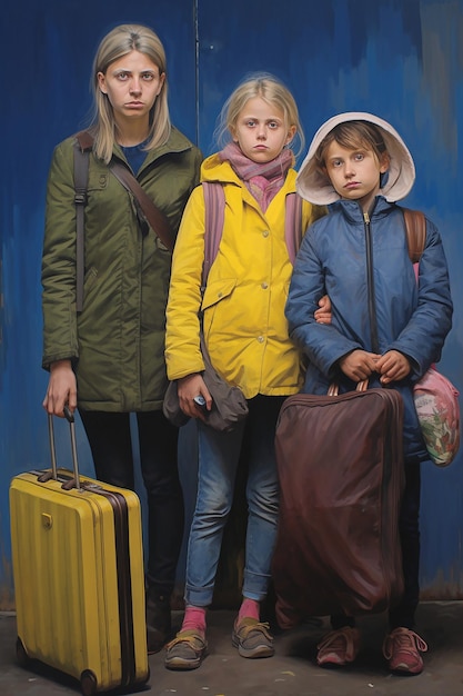 dziennikarskie zdjęcie dwóch ukraińskich uchodźców kobiet i dzieci niosących bagaż