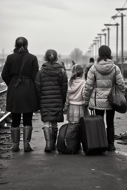 Zdjęcie dziennikarskie zdjęcie dwóch ukraińskich uchodźców kobiet i dzieci niosących bagaż