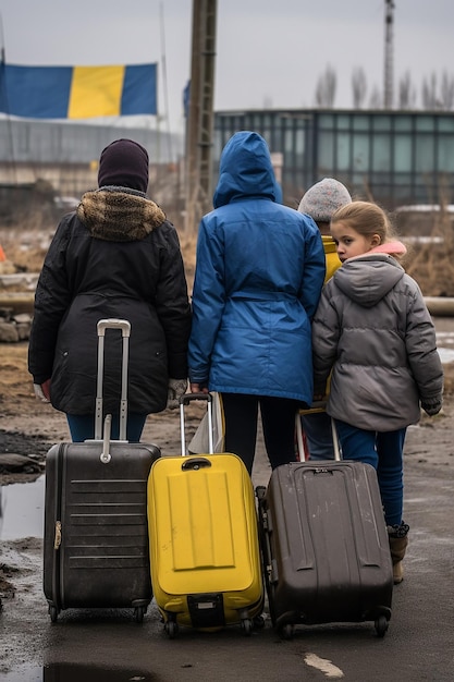 dziennikarskie zdjęcie dwóch ukraińskich uchodźców kobiet i dzieci niosących bagaż