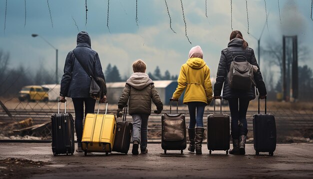 Zdjęcie dziennikarskie zdjęcie dwóch ukraińskich uchodźców, kobiet i dzieci, niosących bagaże i czekających w kolejce do