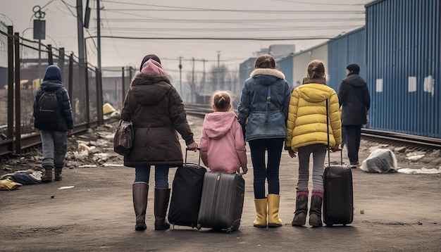 Zdjęcie dziennikarskie zdjęcie dwóch ukraińskich uchodźców, kobiet i dzieci, niosących bagaże i czekających w kolejce do