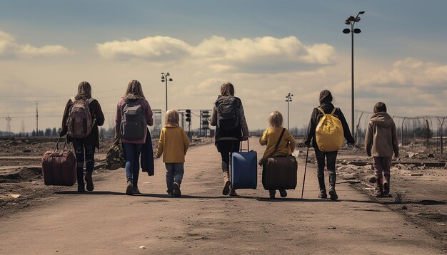 Zdjęcie dziennikarskie zdjęcie dwóch ukraińskich uchodźców, kobiet i dzieci, niosących bagaże i czekających w kolejce do