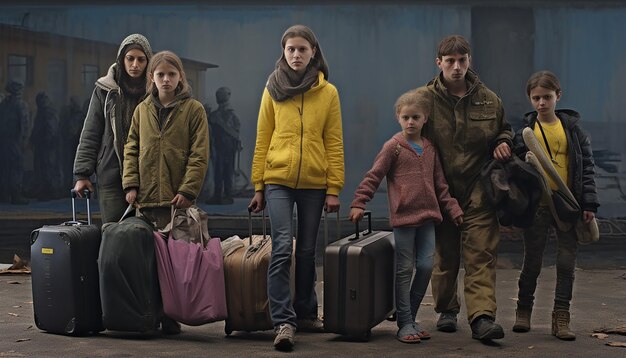 Dziennikarskie Zdjęcie Dwóch Ukraińskich Uchodźców, Kobiet I Dzieci, Niosących Bagaże I Czekających W Kolejce Do