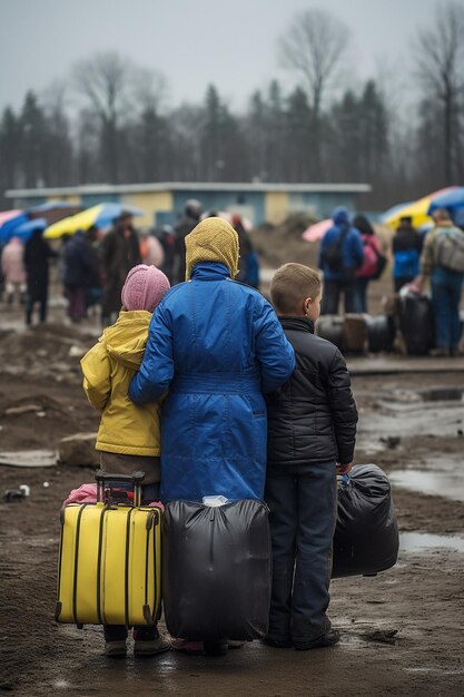 Zdjęcie dziennikarskie zdjęcie dwóch ukraińskich uchodźców, kobiet i dzieci, niosących bagaże i czekających w kolejce do