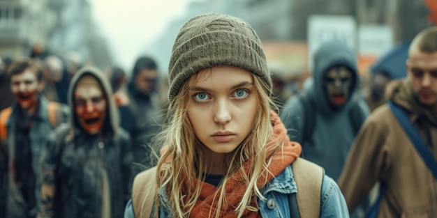 Dzienny portret młodej dziewczyny na ruchliwej ulicy wypełnionej tłumem zombie