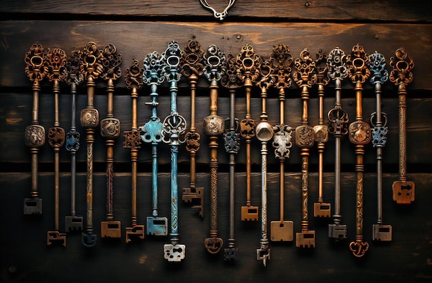 dziesięć kluczy na drewnianym stole