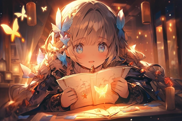 dziewczyna anime czyta książkę w pokoju z dużą ilością świateł generatywnych AI