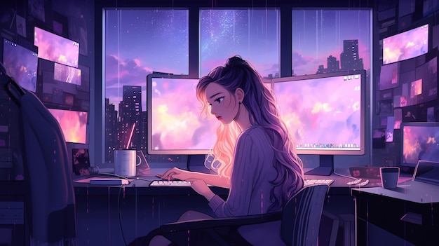 dziewczyna anime pracuje na swoim komputerze w tle muzycznym lofi