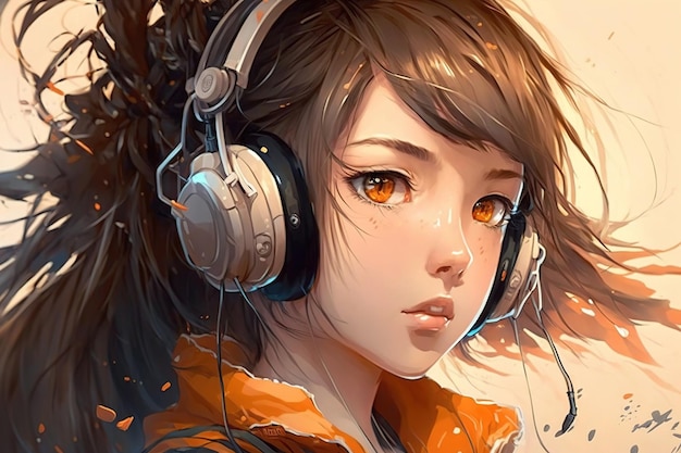Dziewczyna anime słucha muzyki na słuchawkach Portret generatywnej ilustracji nastolatka AI