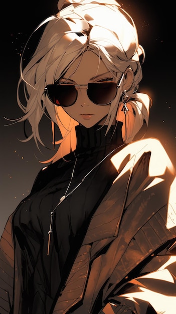 dziewczyna anime w brązie z okularami przeciwsłonecznymi