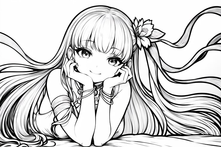 Dziewczyna anime z długimi włosami leżącymi na stole