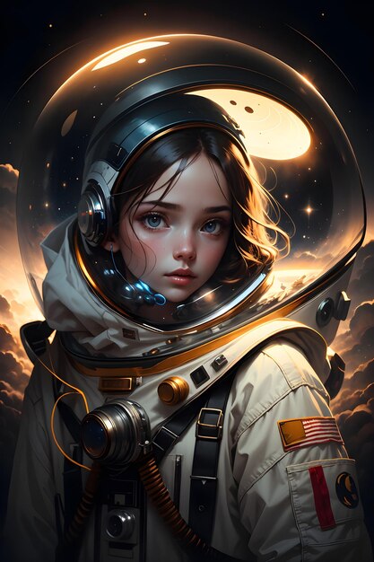 Dziewczyna astronauta w garniturze kosmicznym w przestrzeni kosmicznej tło ilustracja tapety science fiction