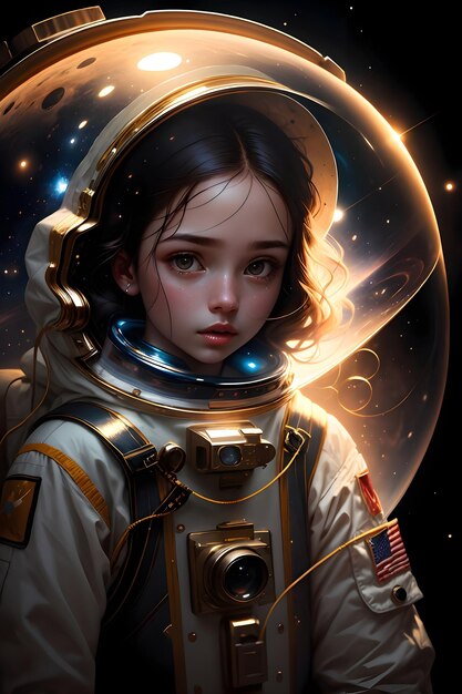 Zdjęcie dziewczyna astronauta w garniturze kosmicznym w przestrzeni kosmicznej tło ilustracja tapety science fiction