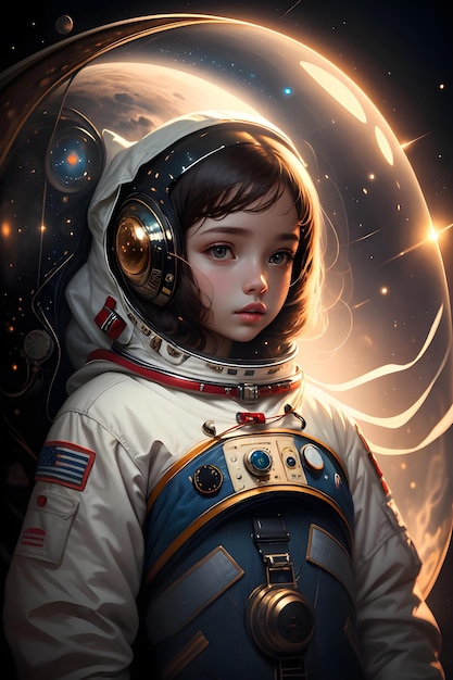 Dziewczyna astronauta w garniturze kosmicznym w przestrzeni kosmicznej tło ilustracja tapety science fiction