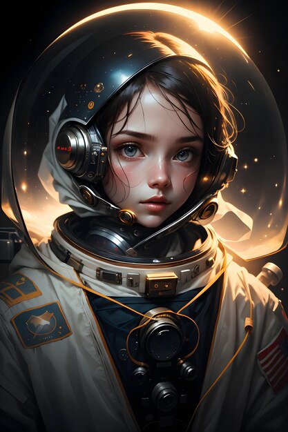 Dziewczyna astronauta w garniturze kosmicznym w przestrzeni kosmicznej tło ilustracja tapety science fiction