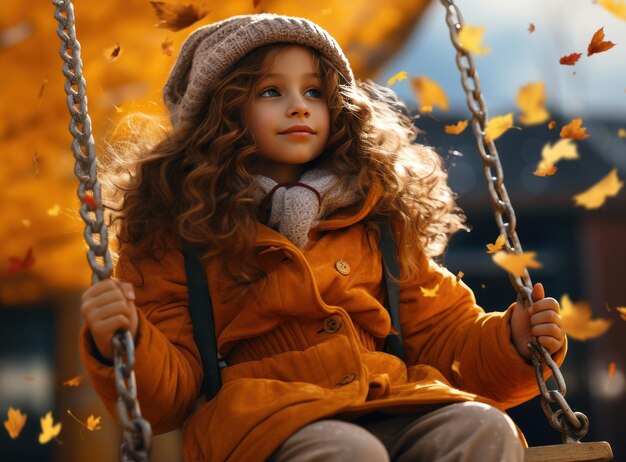 Dziewczyna bawi się na huśtawce z wiatrem, podczas gdy jesienne liście latają w powietrzu.