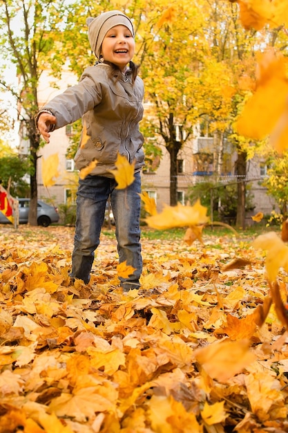 Dziewczyna bawi się w liściach jesienią