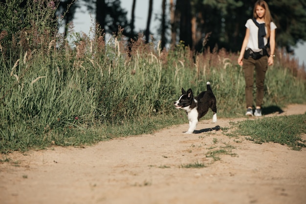 Dziewczyna bawi się z czarno-białym border collie szczeniak na leśnej ścieżce