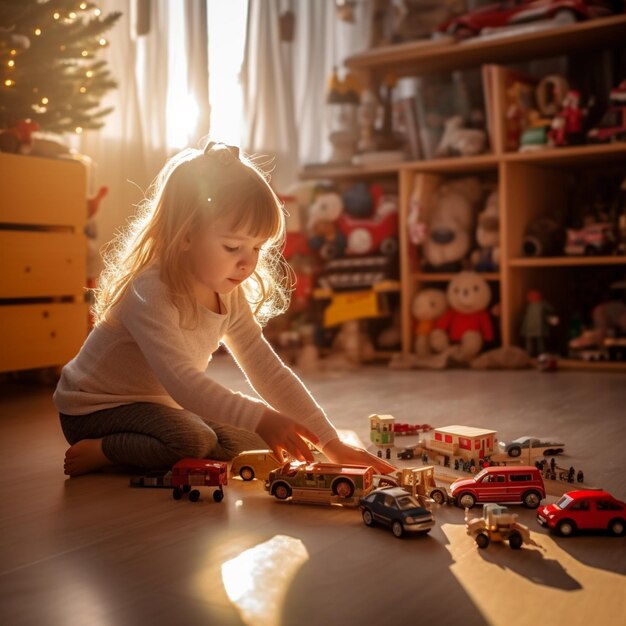Dziewczyna bawi się z zabawkowym samochodem w pokoju z choinką w tle.
