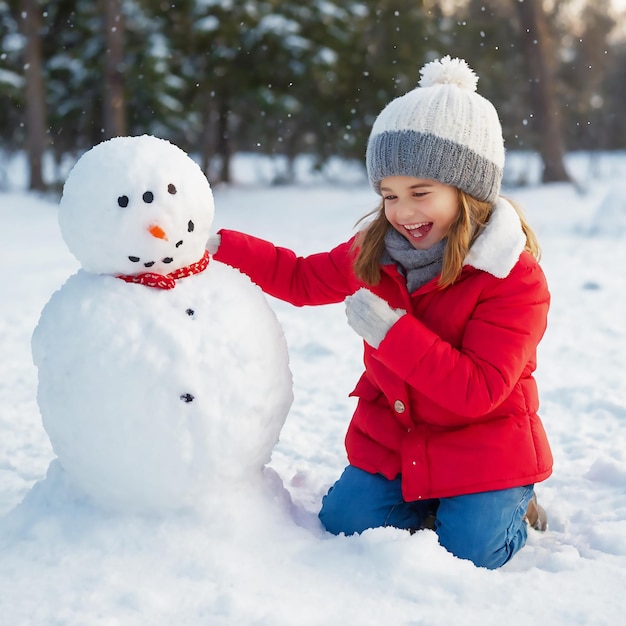 Dziewczyna bawiąca się z śnieżakiem, który ma na sobie śnieżaka