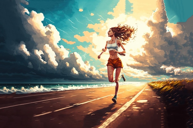 Dziewczyna biegnąca boso na plażę o wschodzie słońca ilustracja w stylu sztuki cyfrowej obraz fantasy koncepcja biegnącej dziewczyny