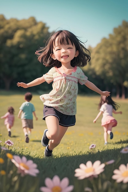 Dziewczyna biegnie w polu kwiatów.
