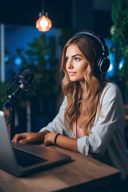Dziewczyna blogerka siedzi przy komputerze z mikrofonem i słuchawkami Kobieta prowadząca webinar