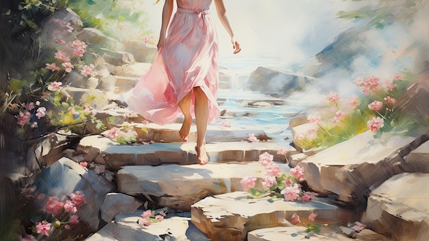 Dziewczyna boso idąca ścieżką wiosenną Kroki wiosny
